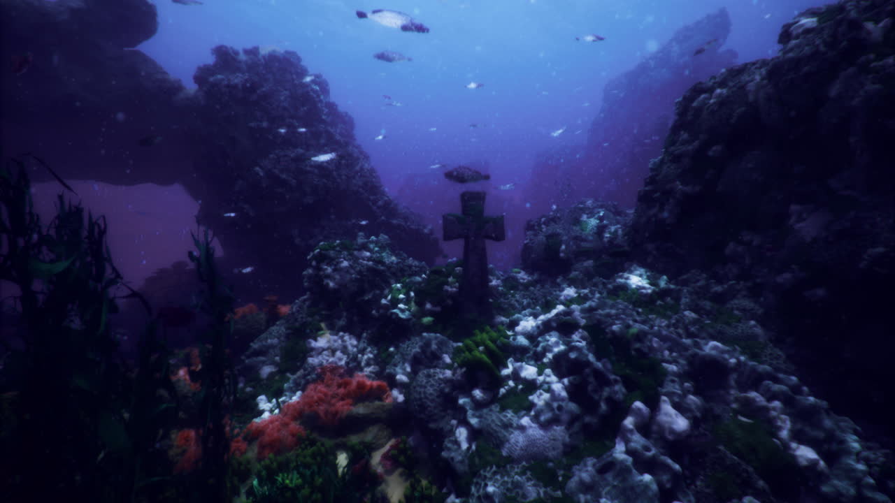 Underwater cross surrounded by coral and marine life at a submerged site