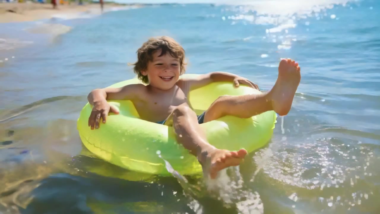 Sunlight glinting, child in blue swim trunks kicking legs to propel neon-green ring at beach