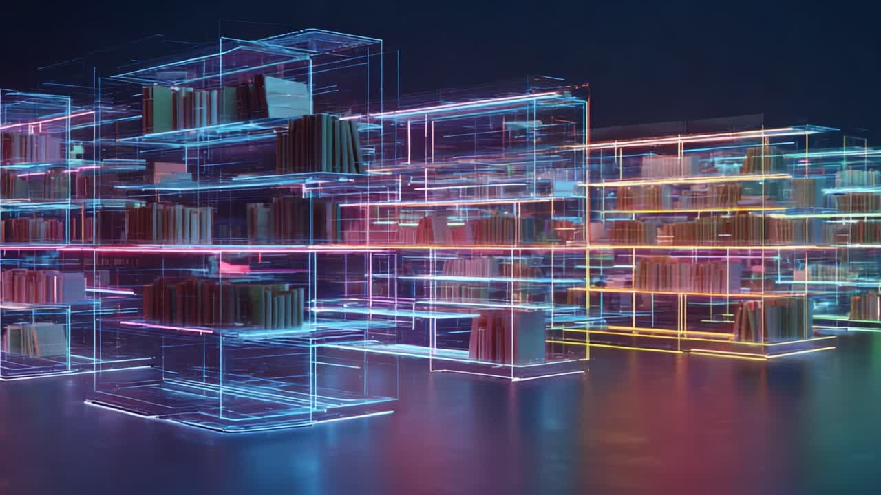 Futuristic digital library showcasing holographic shelves filled with books, illuminated by vibrant neon colors, merging technology and knowledge in a visually stunning space