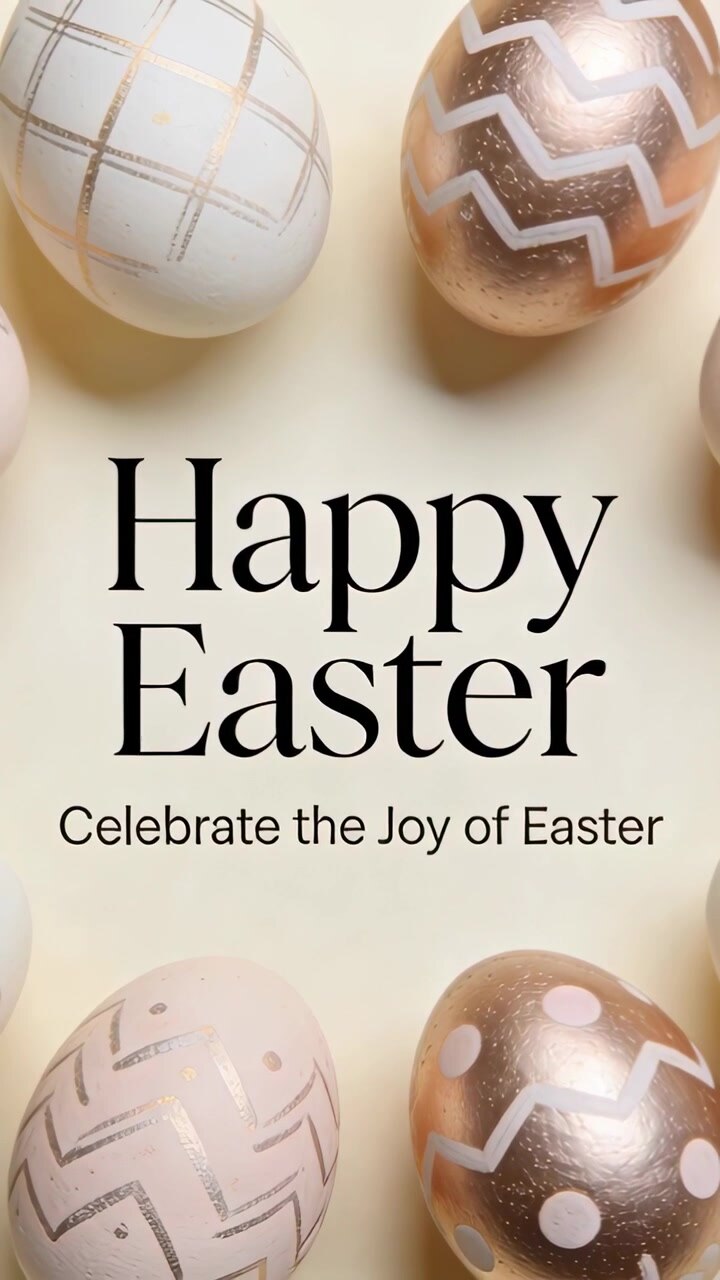 Vertical video: Shifting camera revealing Happy Easter text on cream set for card loop framing eggs