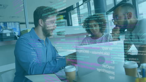 Animation of data processing over diverse colleagues discussing work in office