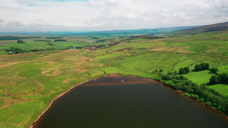 Toma-De-Paisaje-Aéreo-Que-Muestra-Un-Lago-Todavía-Rodeado-De-Tierras-De-Cultivo-Verdes,-En-Un-Día-Soleado