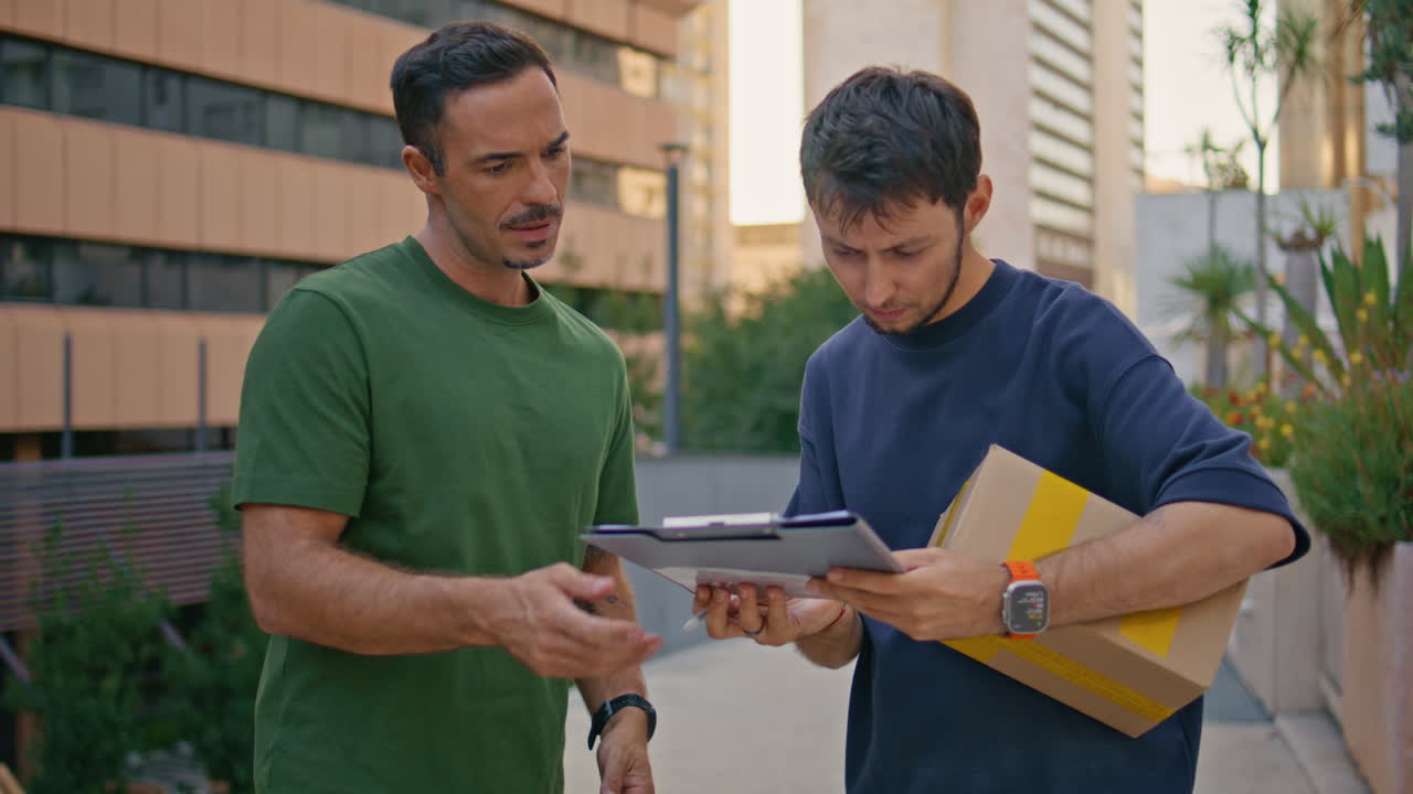 Positive client accepting order taking parcel from courier at street closeup