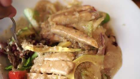 closeup of a quinoa salad with chicken and avocado