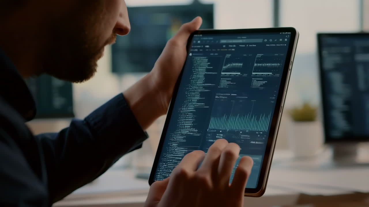 Person working on a tablet displaying code and data analysis