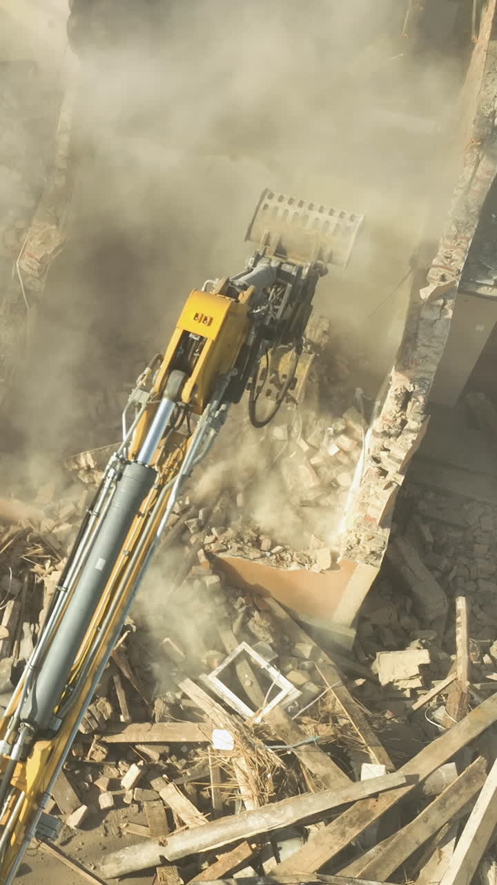 Un plan en plongée d'une pelleteuse robuste démolissant un mur de briques sur un chantier de construction. Une épaisse poussière s'élève tandis que les débris tombent, illustrant la rénovation urbaine et la démolition industrielle.