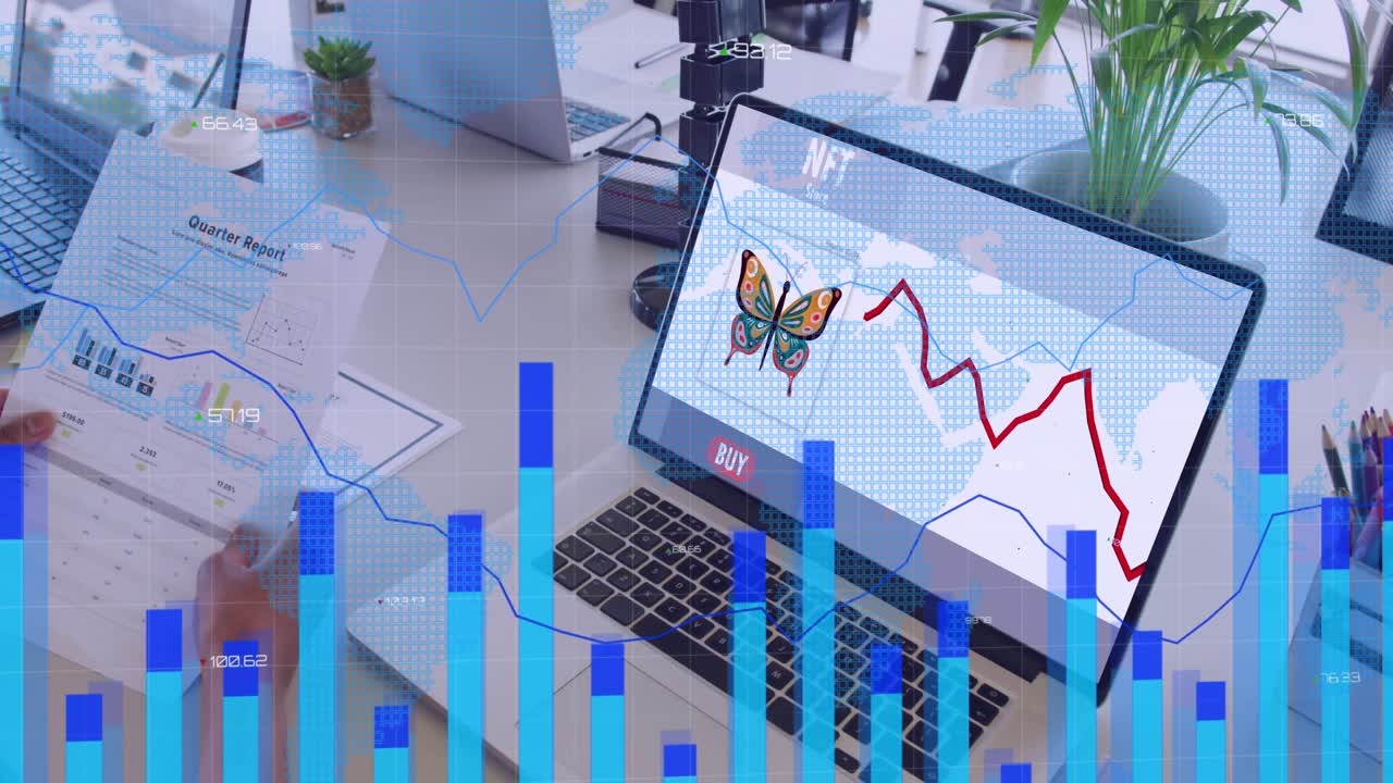 Woman using trackpad selecting butterfly NFT causing bars matching Qtr Report red trend for finance