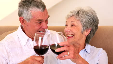 una pareja mayor sentada en el sofá con vino rojo