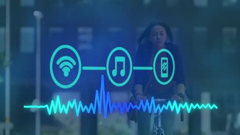 Animación-De-Tres-íconos-Digitales-Y-Procesamiento-De-Datos-Sobre-Una-Mujer-Andando-En-Bicicleta-En-La-Ciudad