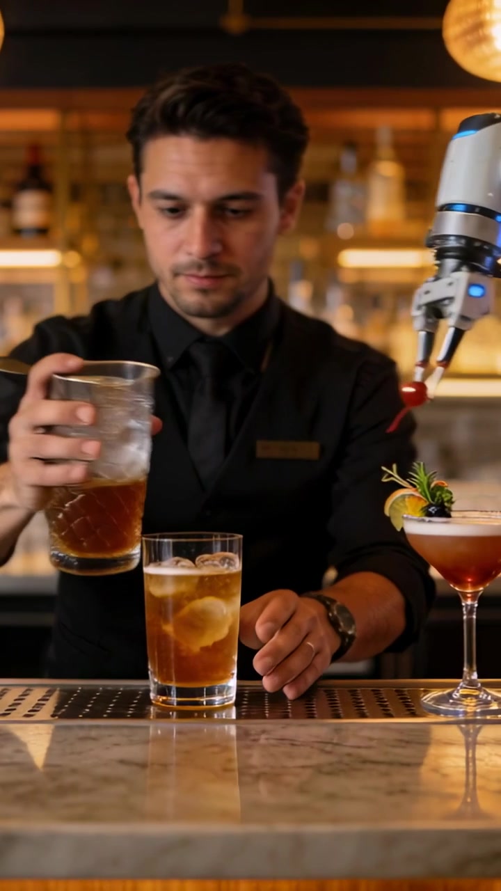 Video verticale: Barman in grembiule che solleva lo shaker al bar, versa su una sfera di ghiaccio, un robot aggiunge una ciliegia e serve.