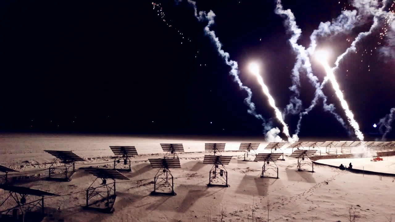 Christmas Firework display. Aerial view beautiful fireworks show in the night sky.