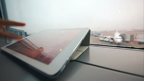 escribiendo en el alféizar de la computadora tablet en el aeropuerto