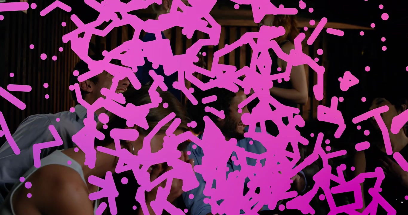 Animation of abstract gradient shapes over group of diverse friends laughing together at a bar