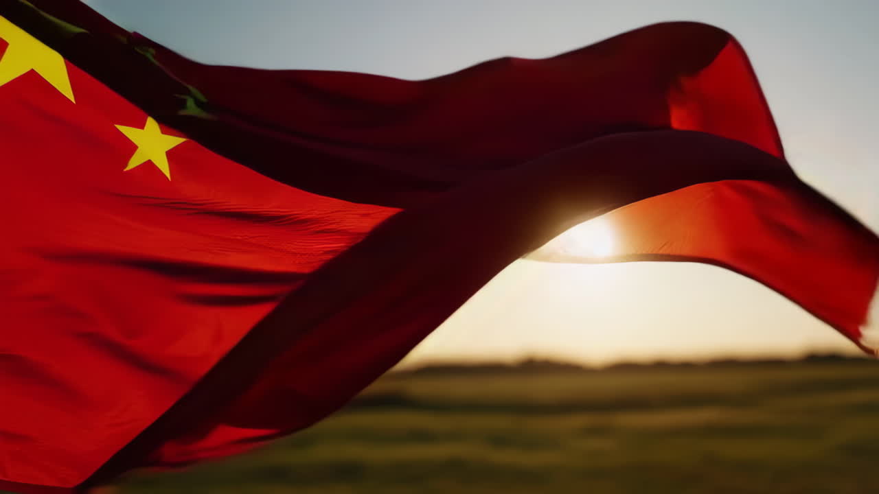 Chinese Flag Waving in Sunset