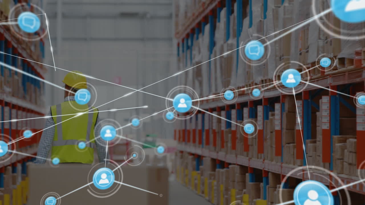 сеть профильных икон против белого мужчины старшего руководителя, проверяющего запасы на складе