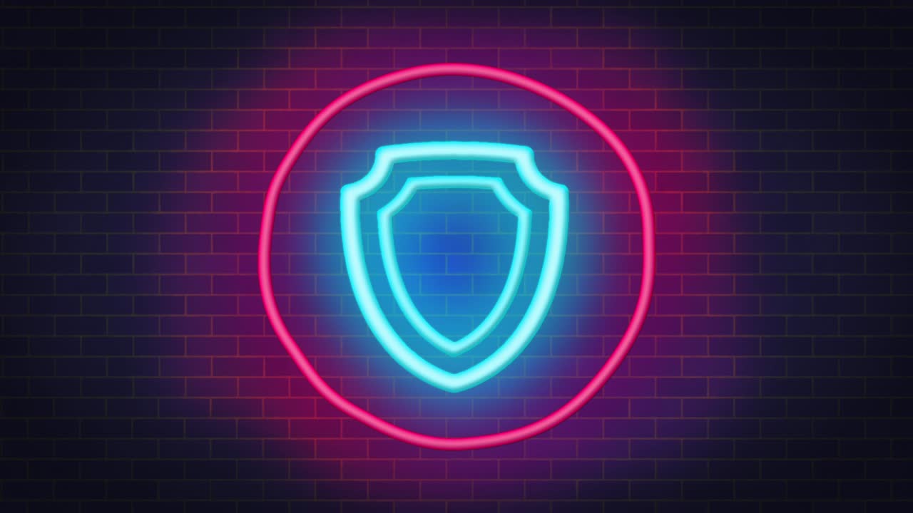 signo de defensa de escudo luminoso de neón en la pared de ladrillo