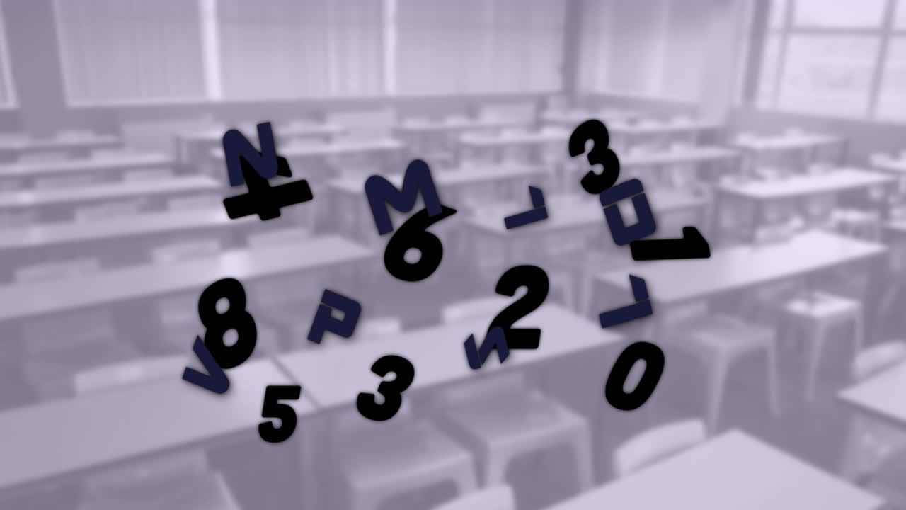 Composizione digitale di numeri e alfabeti mutevoli che fluttuano con aula vuota sullo sfondo