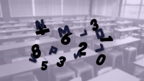 composición digital de números y alfabetos cambiantes flotando contra el aula vacía
