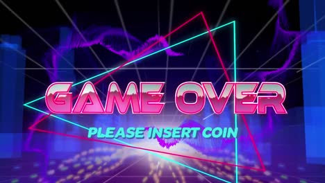 Animation-of-game-over-text-banner-and-purple-digital-waves-over-3d-city-model-and-light-trails