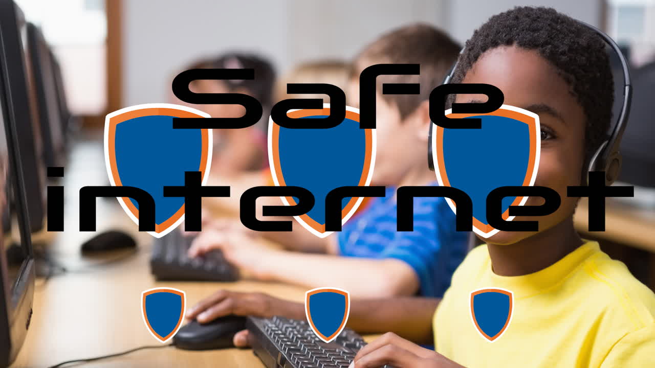 Animation of safety internet text over diverse children using computers