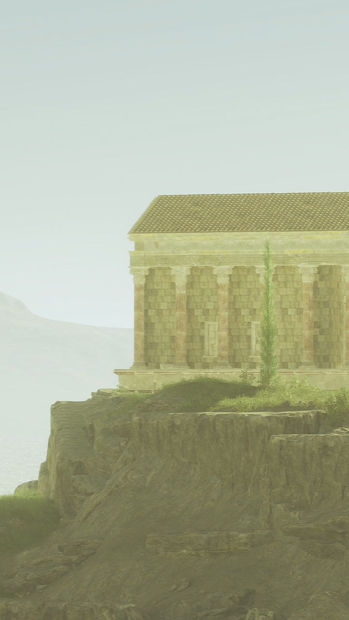 Ancient temple atop a rocky cliff in serene morning light