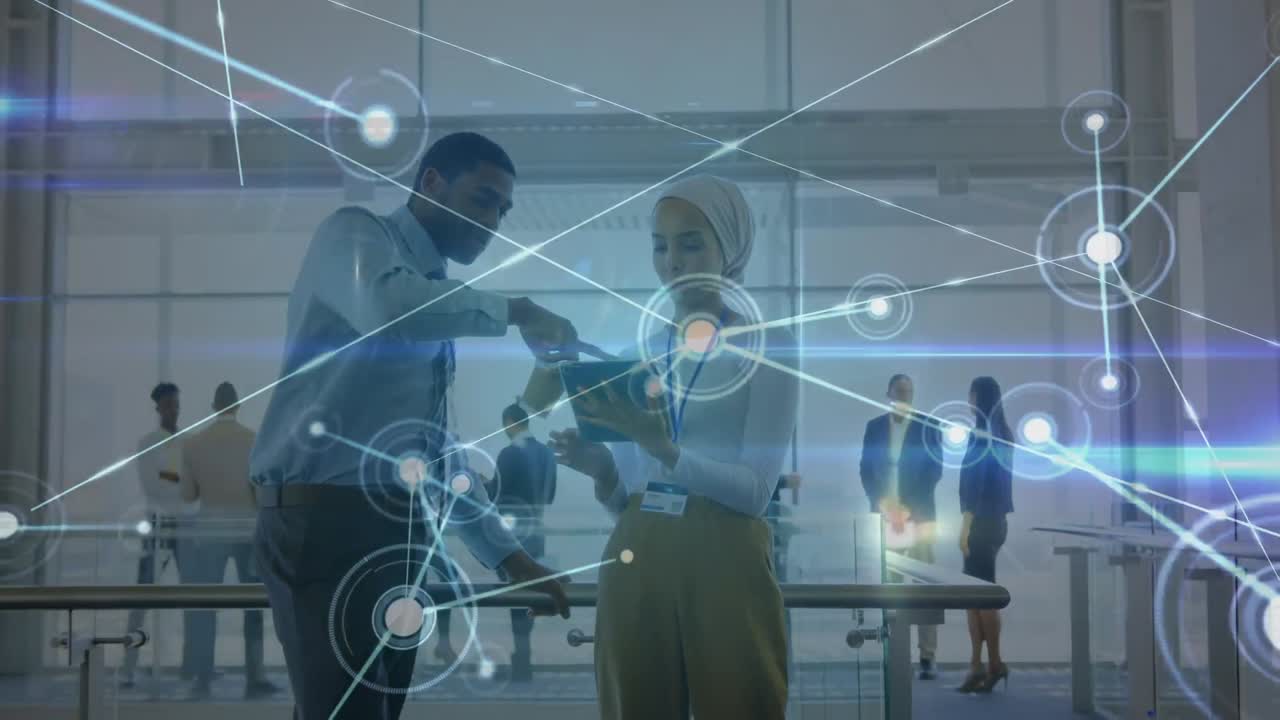 Animation of network of connections over diverse female and male coworkers in office