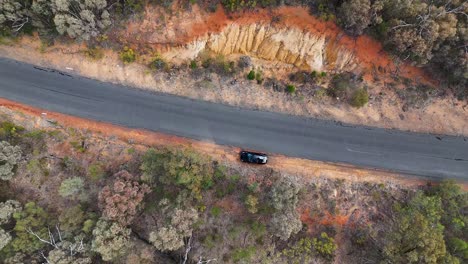 a black vehicle travels along a winding road through a mixed forest, captured by a drone in daylight with steady overhead movement and natural lighting