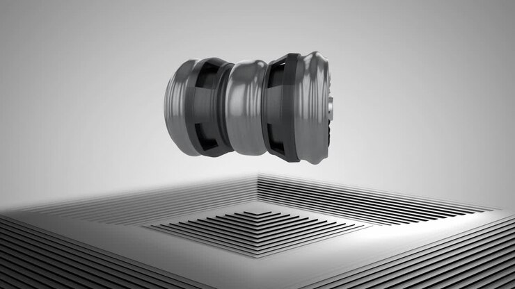 Animation of jet engine over moving grey square surface with grey background