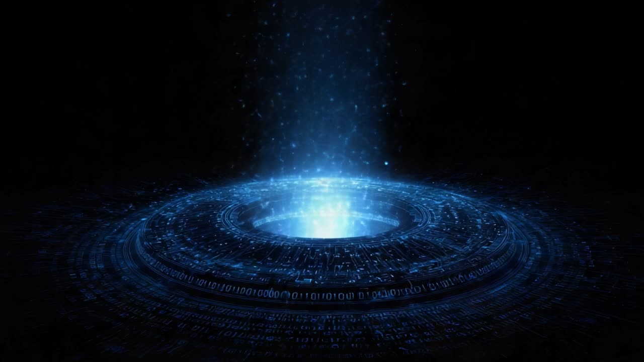 Digital data flowing from a futuristic circular portal made of binary code and abstract circuits. Luminous blue particles ascend from the glowing center on a completely black background