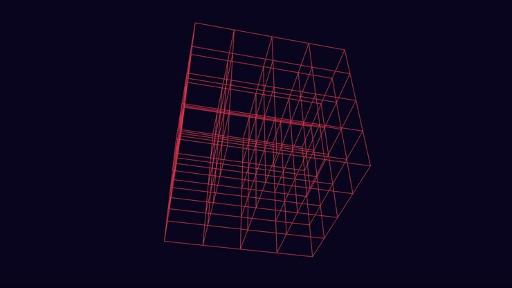 Floating red line cube in a black void