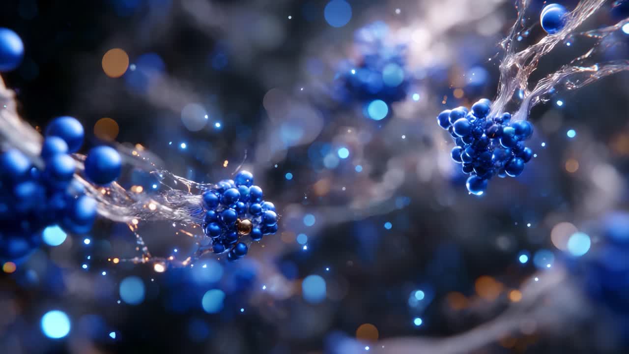 Complesse particelle blu intrecciate in uno sfondo nebuloso, che mostrano intricate forme naturali in un ambiente astratto di variazioni di luce e colore