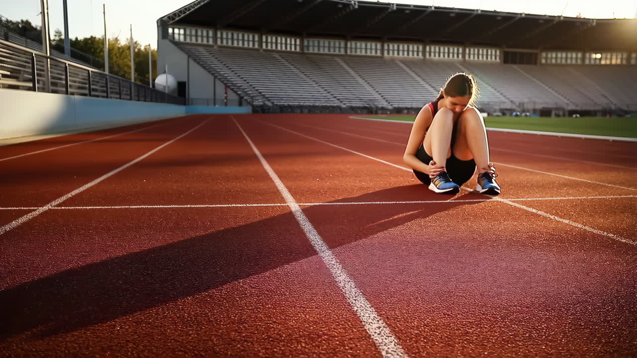 A female runner sits on an athletics track, resting during a workout