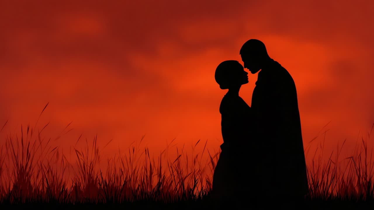 Silhouettes of Affection: A Captivating Sunset Embrace Between Two Individuals, Framed Against a Fiery Sky of Red and Orange Hues, Symbolizing Love and Connection