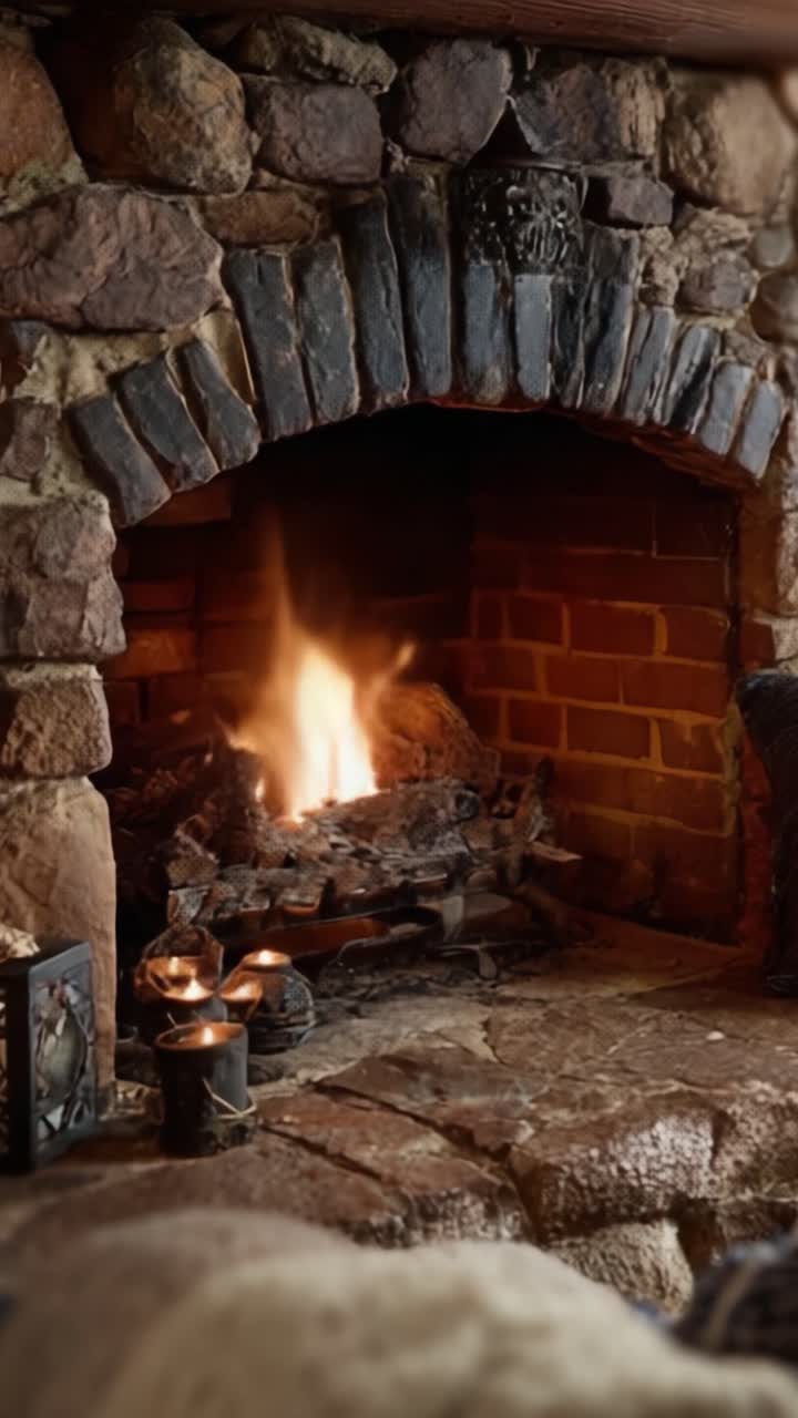 Un accogliente camino con fiamme tremolanti e cornice in pietra rustica, che crea un'atmosfera calda e invitante per il relax e il comfort
