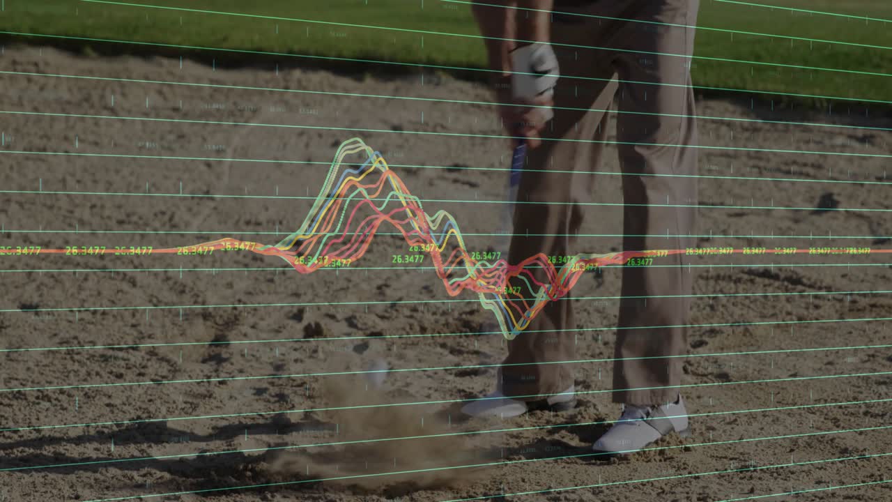 Golfer standing in bunker, analyzing golf analytics overlay with teal grid lines and line chart