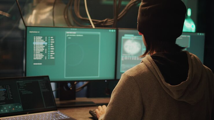Hacker al lavoro su computer in una stanza buia
