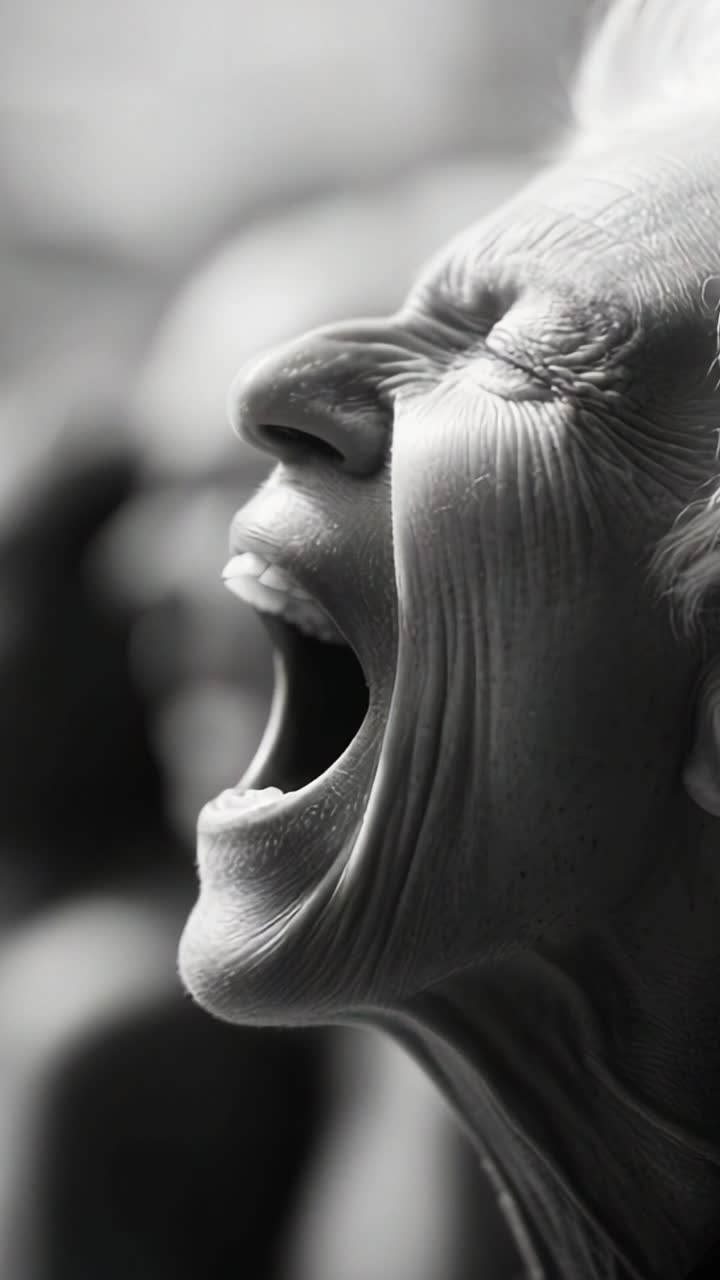 Emotional Expression of an Elderly Woman Sharing an Intense Moment Through a Profound Scream Captured in Black and White Imagery