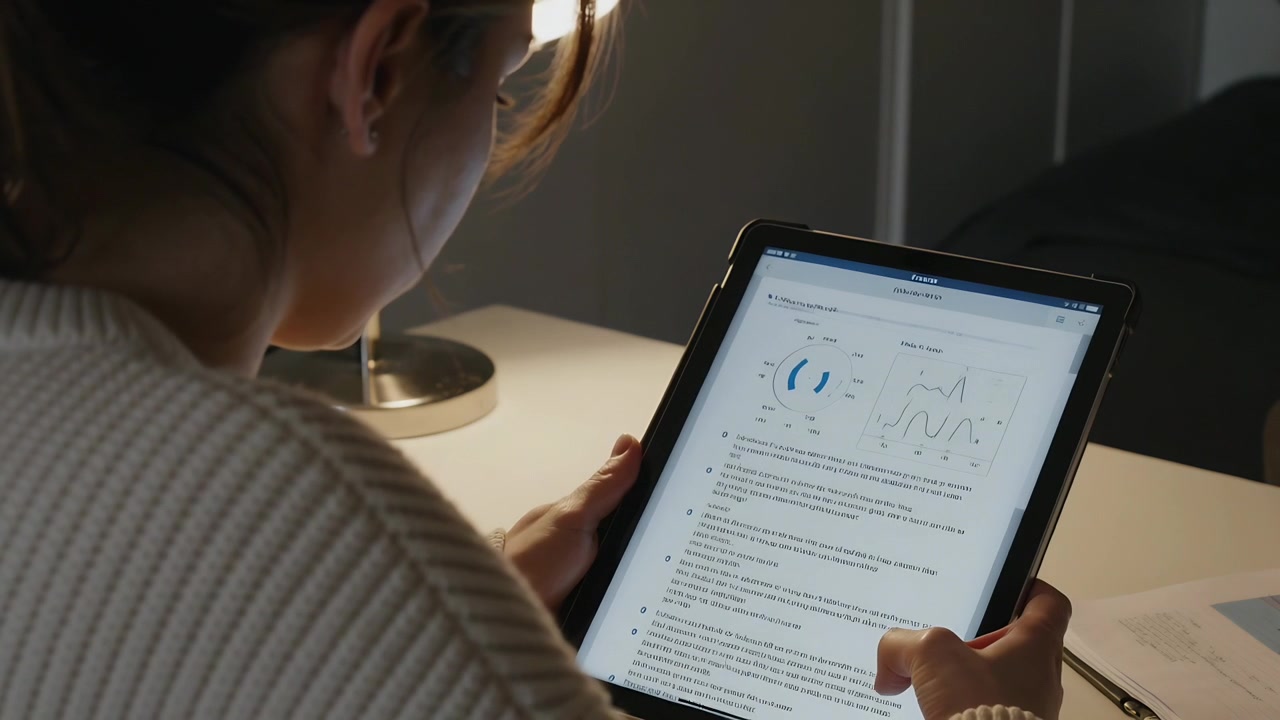 Picking tablet, woman in ribbed sweater angling it at desk, comparing charts with printed pages
