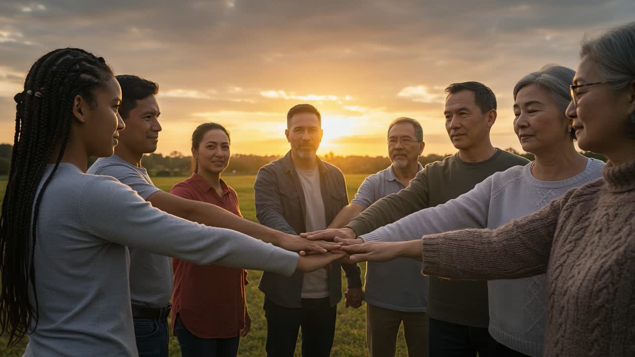 A Diverse Group of Friends Bonding as They Connect with Each Other, Hands Joined Together in Unity Against a Beautiful Sunset Background