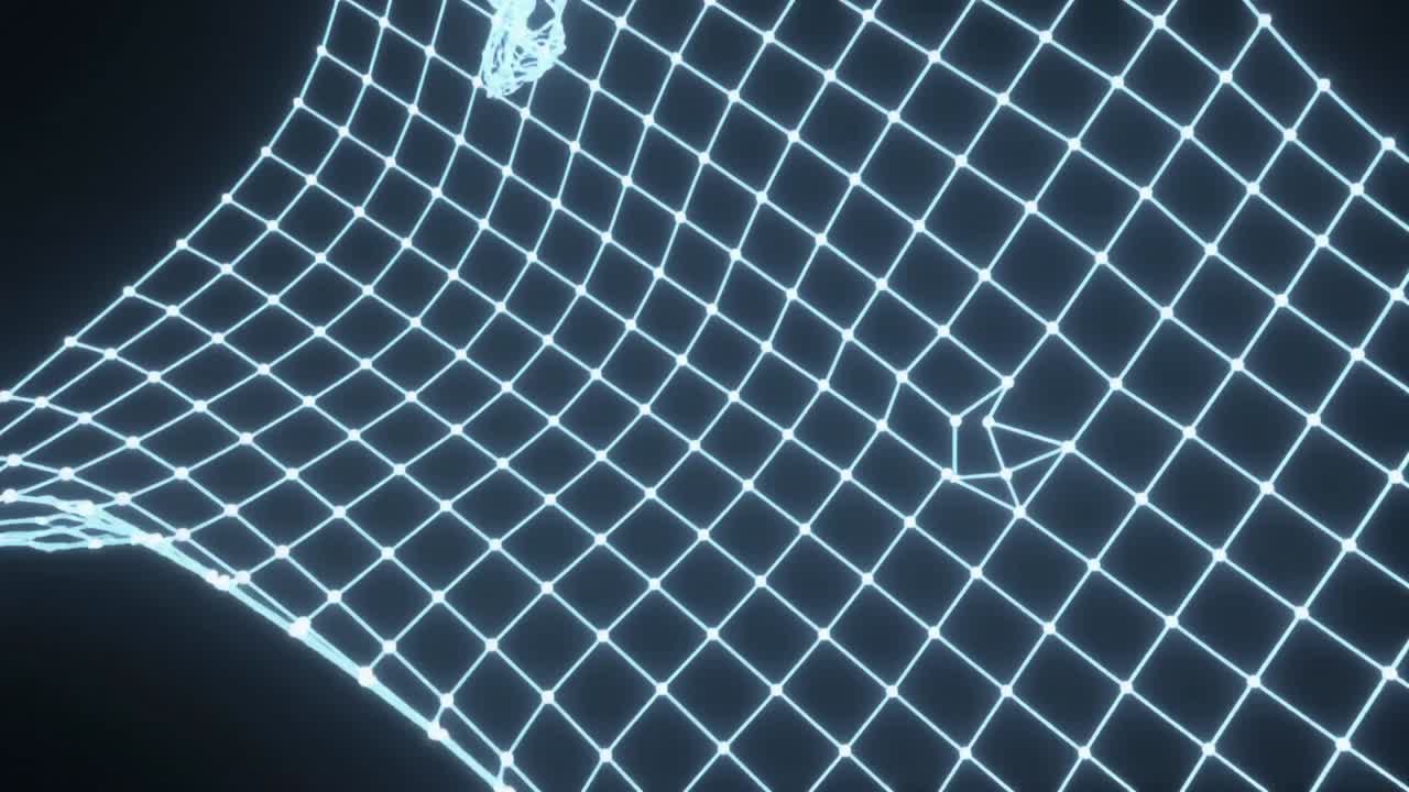 Animating luminous cyan mesh twisting pinching and relaxing into wave in void, by frame sequence