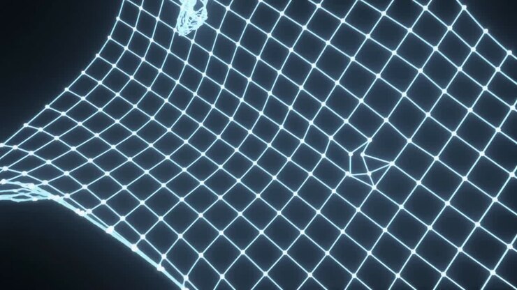 Animating luminous cyan mesh twisting pinching and relaxing into wave in void, by frame sequence