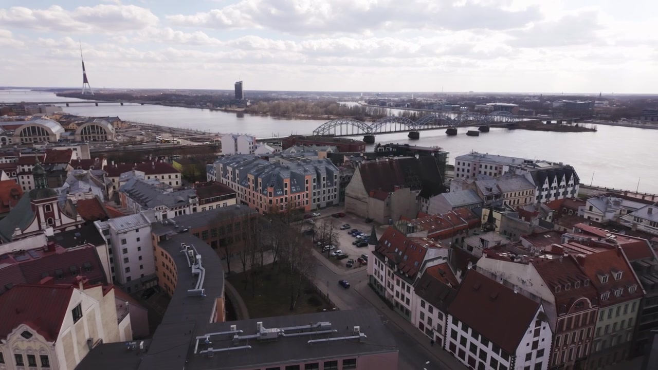 Camera pans left to right across Riga skyline, Old Town rooftops, Daugava River