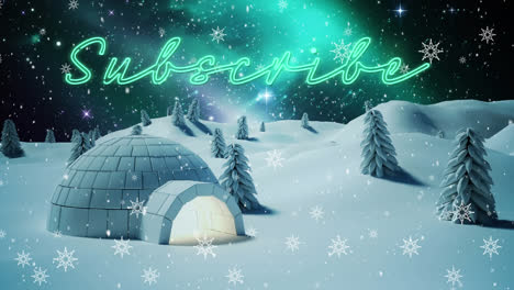 Animation-Einer-Sau,-Die-über-Ein-Iglu-In-Einer-Winterlandschaft-Fällt,-Ein-Abonnementstext