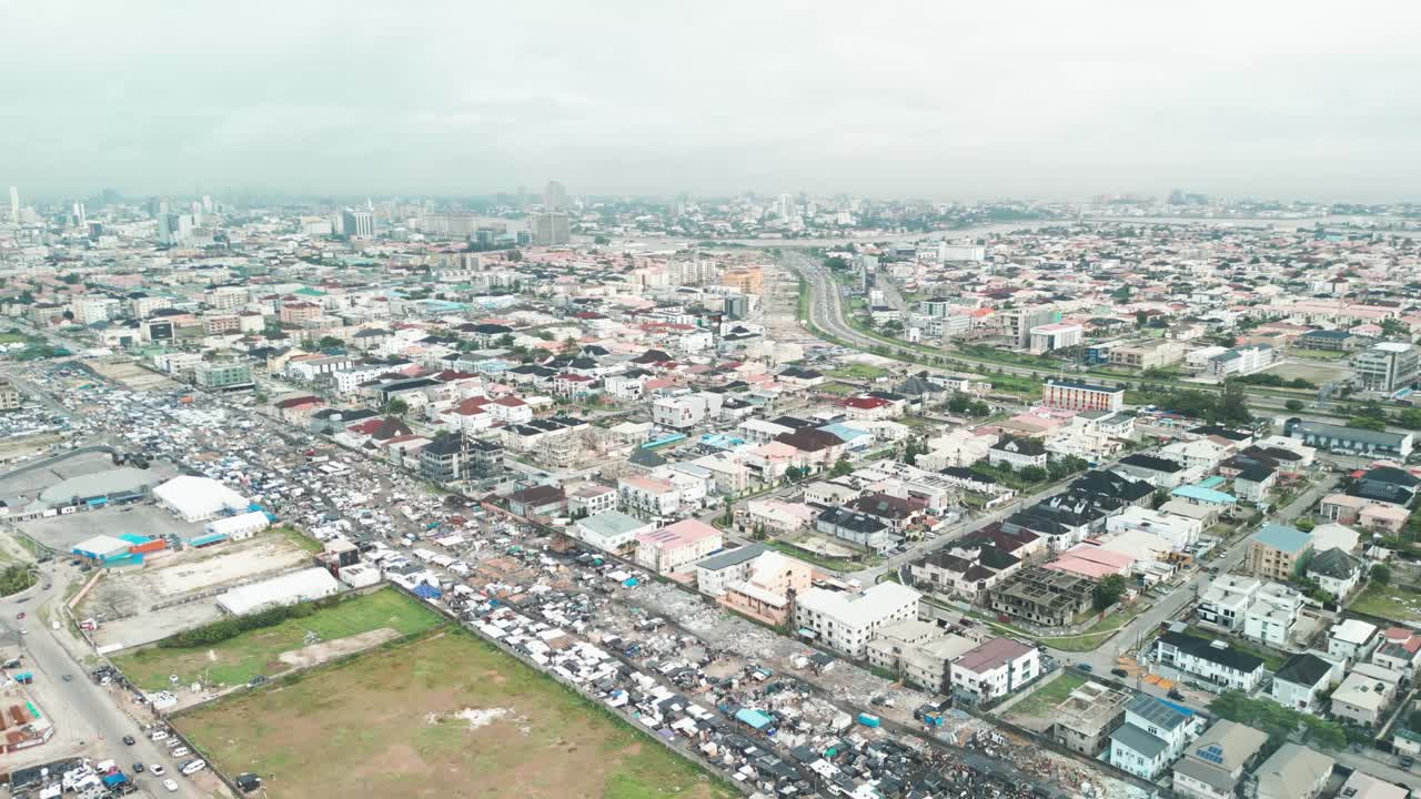 Lagos Nigeria previous capital city, aerial drone polluted urban metropolis Africa