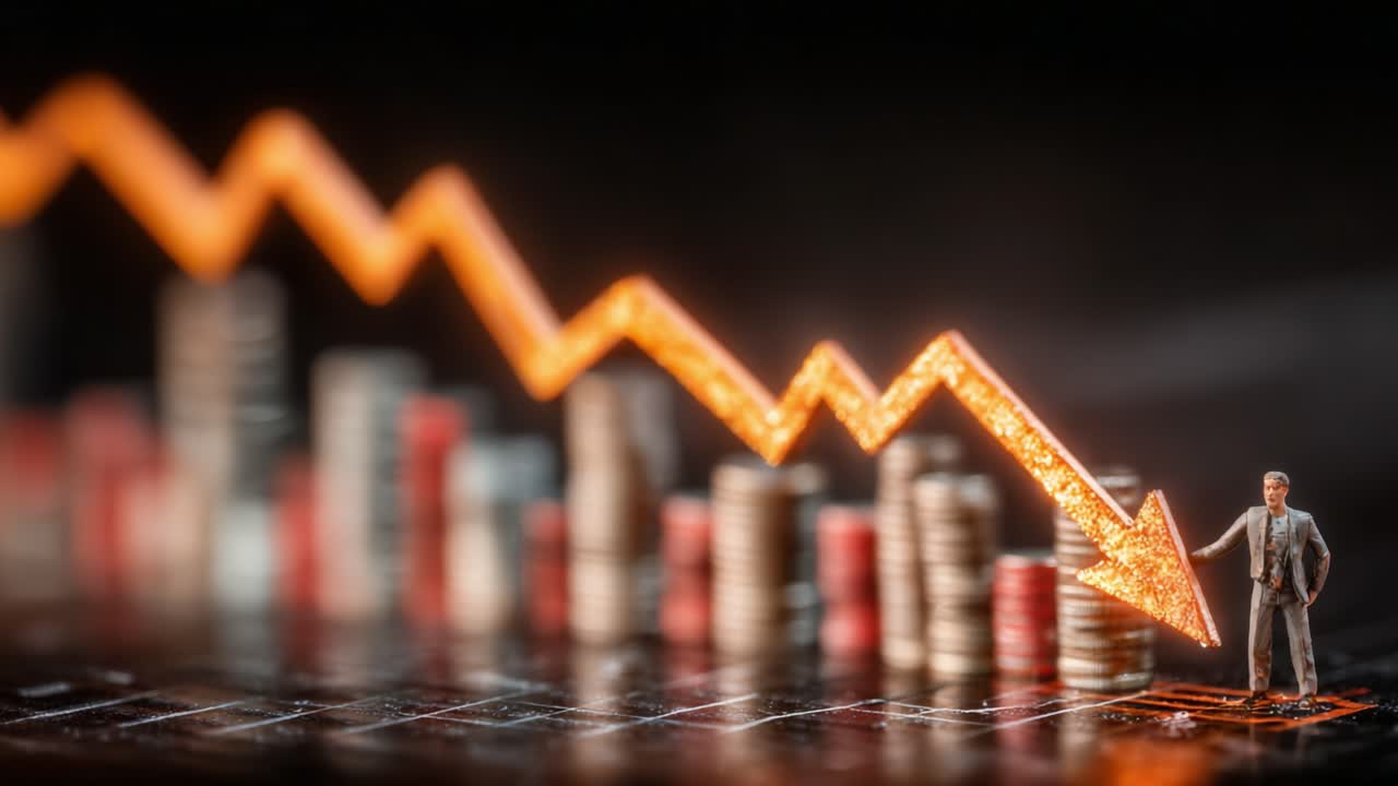 A Dramatic Decline in Financial Trends: The Visual Impact of Market Downturns Illustrated Through Miniature Figures Among Stacks of Coins and a Descending Graph