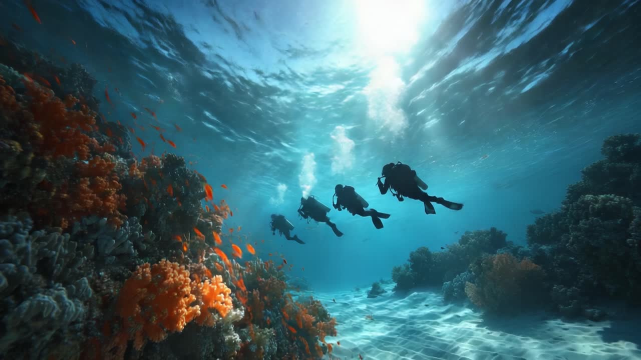 Exploration du monde sous-marin vibrant : L'aventure d'un groupe de plongeurs sous l'océan, entourés de coraux colorés et de poissons exotiques dans des eaux cristallines
