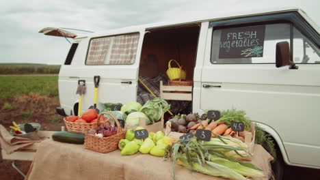 fresh vegetables for sale at outdoor farmers market by van