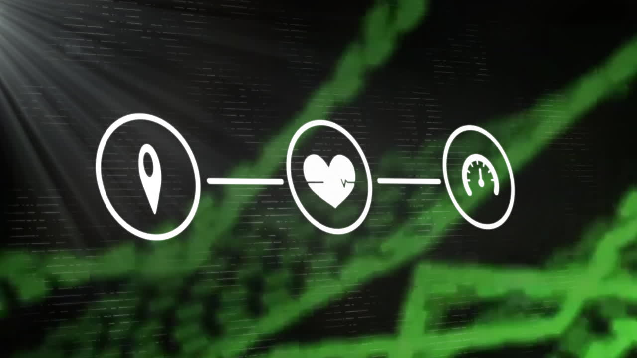 Animation showing location, heart rate, and speed icons on green digital background