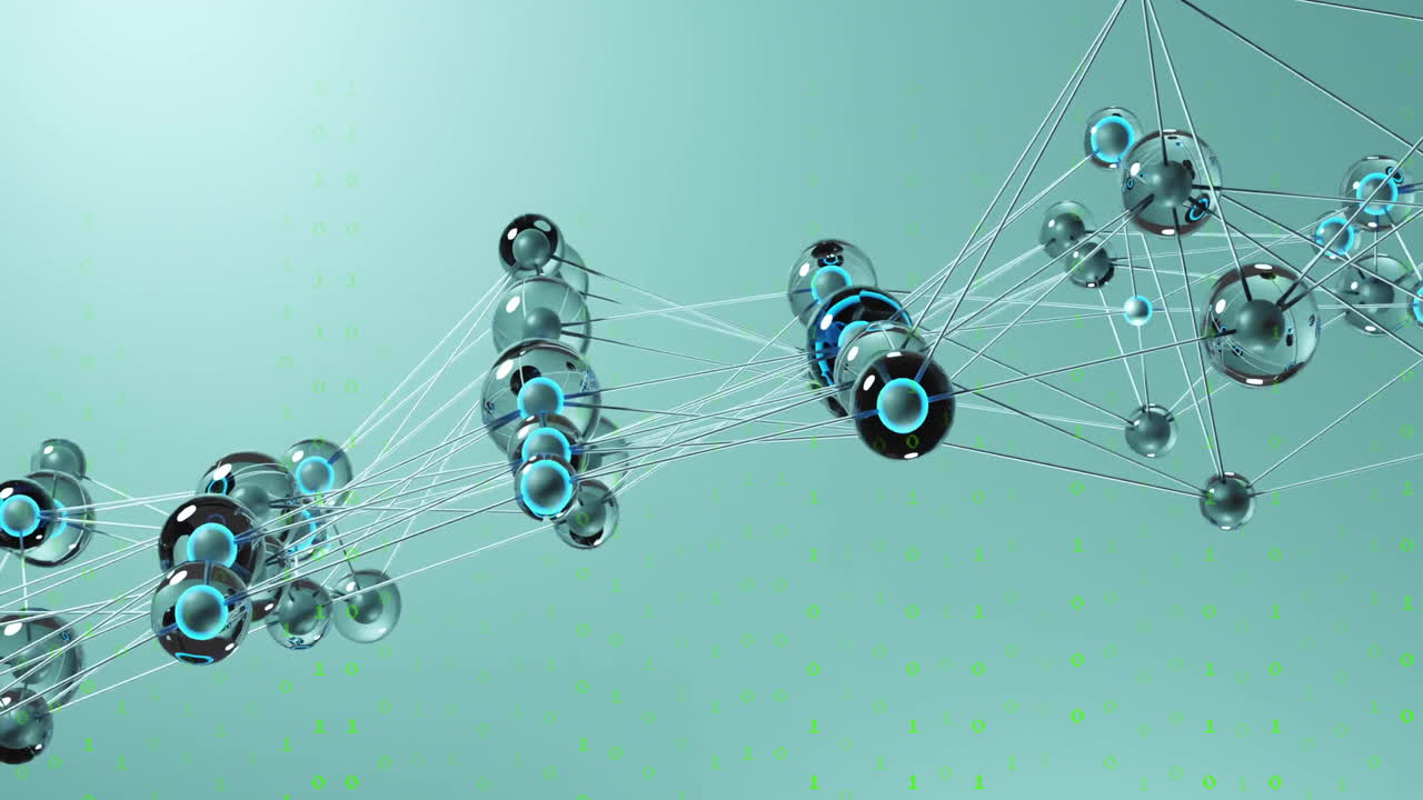 Complex 3D network animating connections with translucent spheres rods floating green binary digits