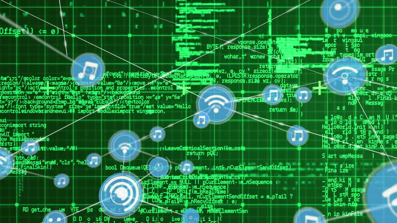 Connecting music and Wi-Fi icons, network animation over green grid background